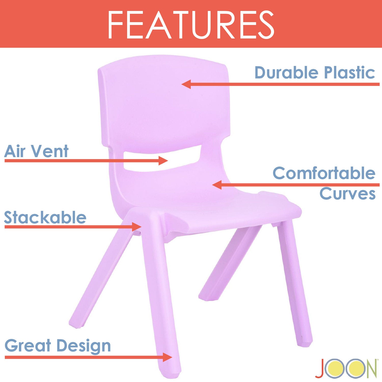 Sillas de aprendizaje apilables de plástico para niños JOON, color lila, 20,5 x 12,75 x 11 pulgadas, paquete de 2 (paquete de 2)
