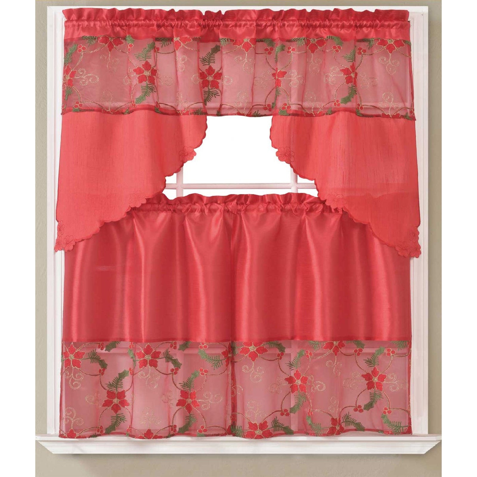 Noella Poinsettia Floral Kitchen Curtain Set with Fringes, Red, Swag Valance 60x36, Tiers 30x36 Inches