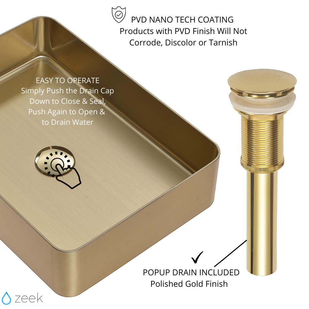 Lavabo de baño rectangular Zeek de 18” x 13” dorado con revestimiento de PVD Nano Tech de acero inoxidable ZN-G183