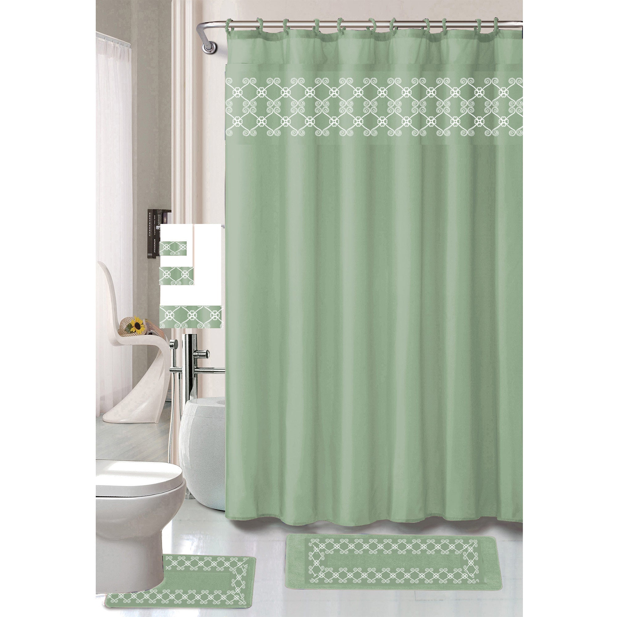 Tristan 18 Piece Shower Curtain with Embroidered Non-Slip Bath Rug and Towel Set
