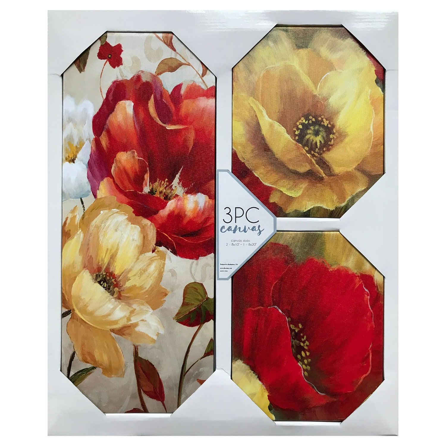Premius 3-Piece Floral Canvas Wall Art, Red-Yellow, 23x19 Inches Overall