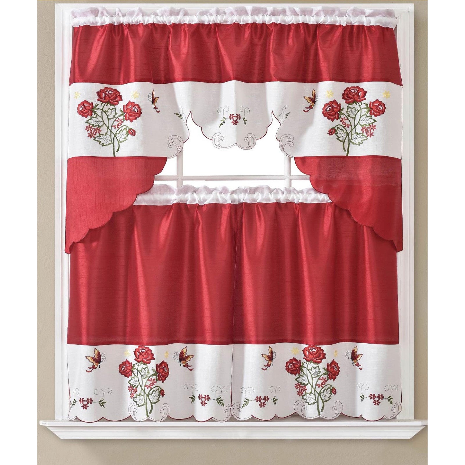 Emily 3 Piece Embroidered Kitchen Curtain Set, Burgundy, Swag 60x36, Tiers 30x36 Inches