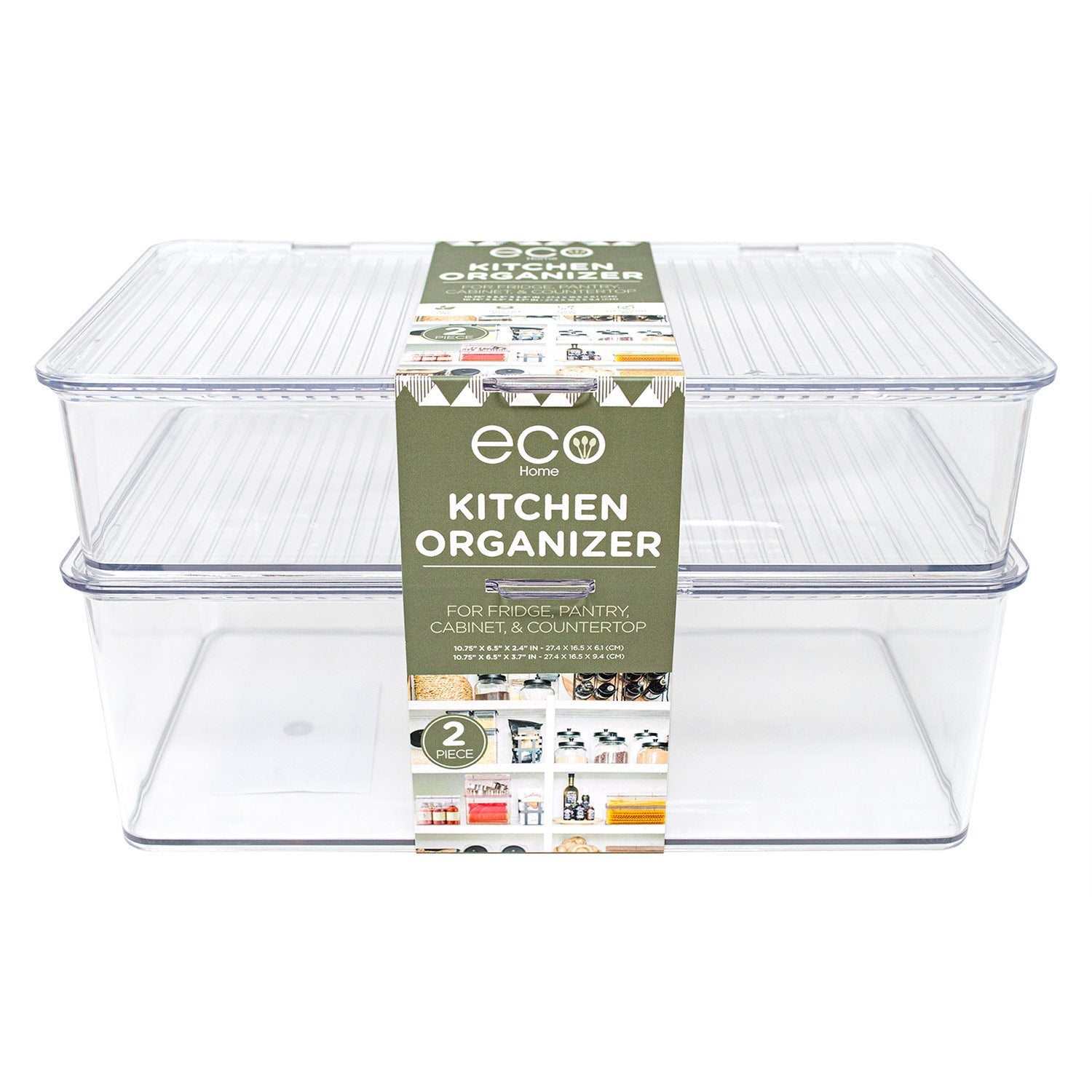 PREMIUS 2 Piece Plastic Kitchen Organizer Box With Hinged Lid, Clear, 10.75x6.5x2.4, 10.75x6.5x3.7 Inches