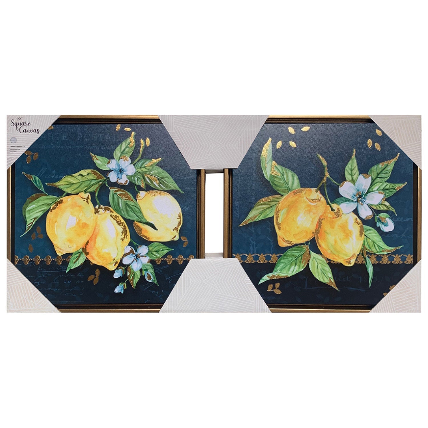 PREMIUS 2 Piece Lemon with Leaves Framed Canvas Wall Art Set, 12x12 Inches