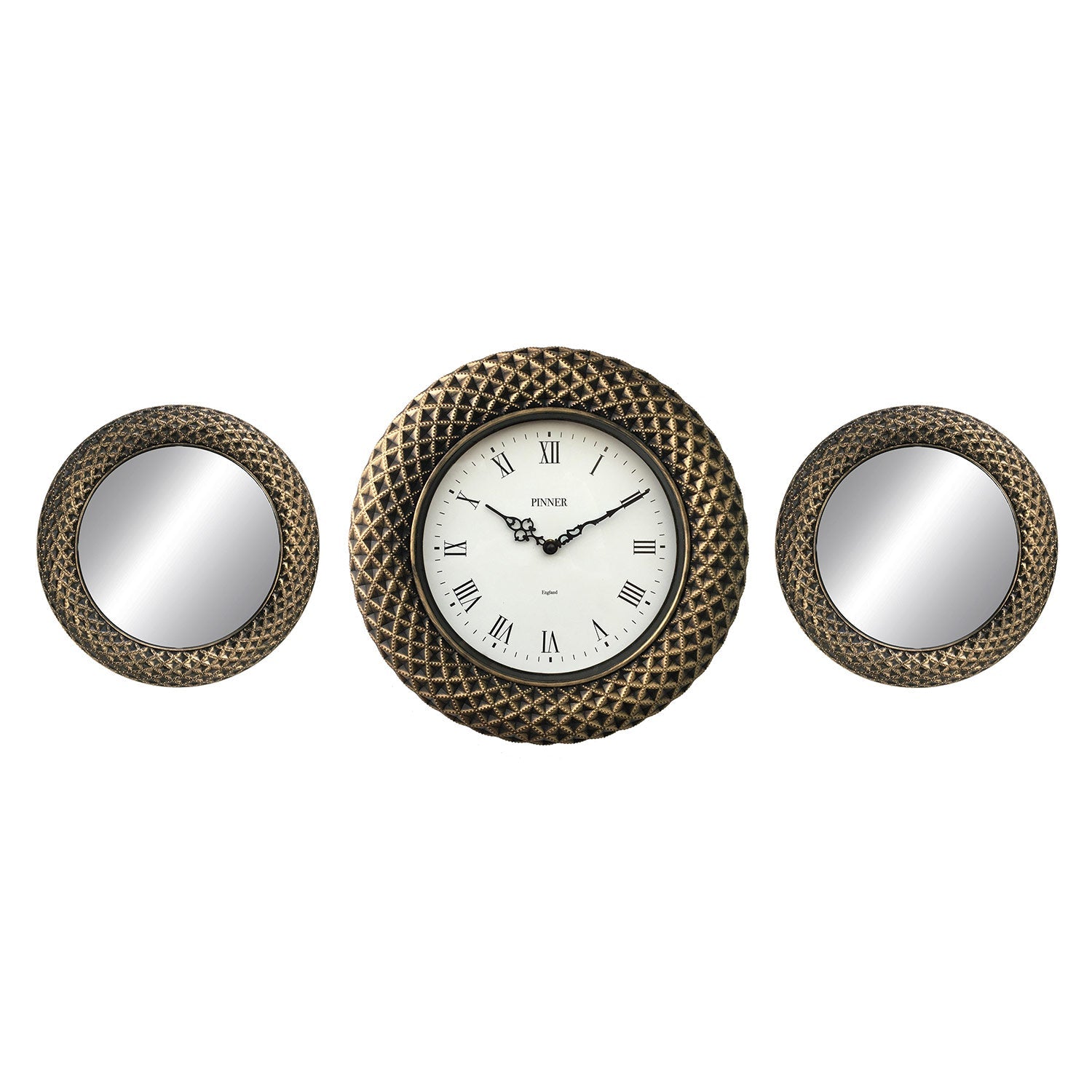 Premius 3 Piece Diamond Gladiator Wall Clock with Mirrors, Gold, 34x14 Inches