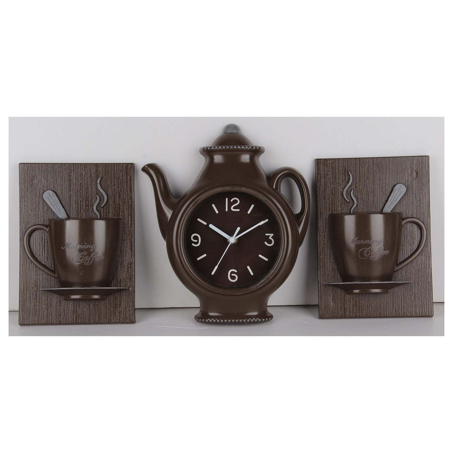PREMIUS 3 Piece Coffee Wall Clock with Mugs Accent, Brown, 9x11 Inches