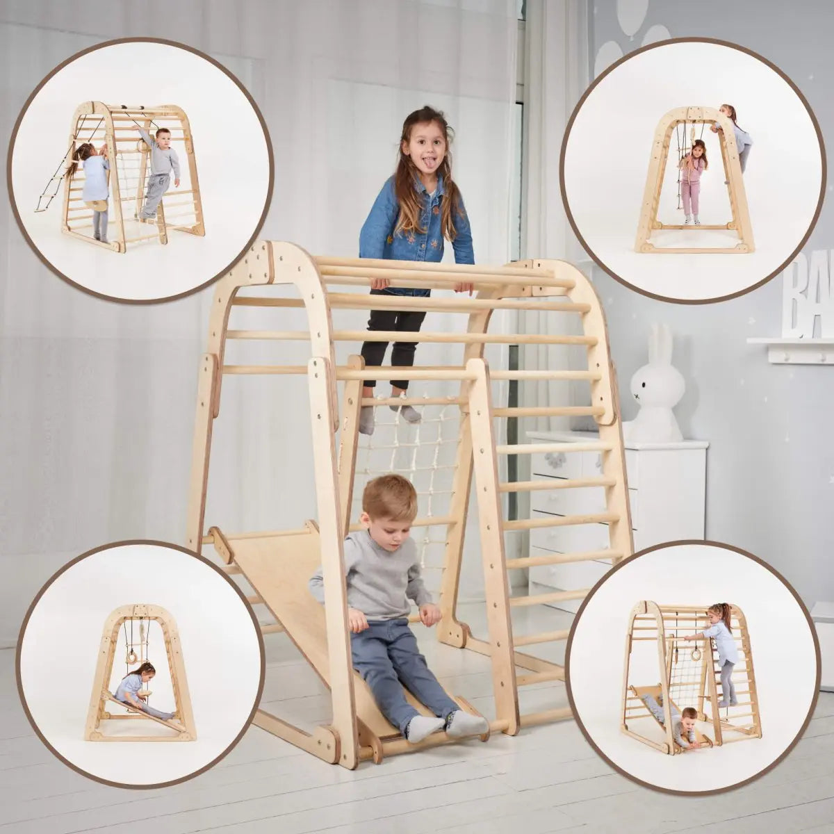 Indoor Wooden Playground for Children - 6 in 1 Playground + Swings Set + Slide Board