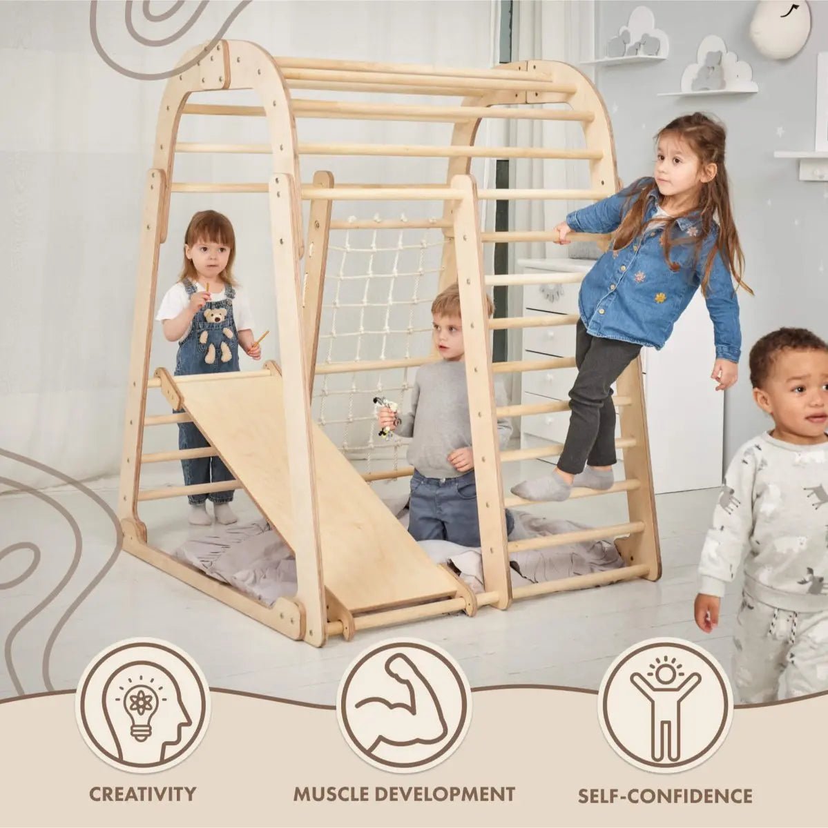 Indoor Wooden Playground for Children - 6 in 1 Playground + Swings Set + Slide Board