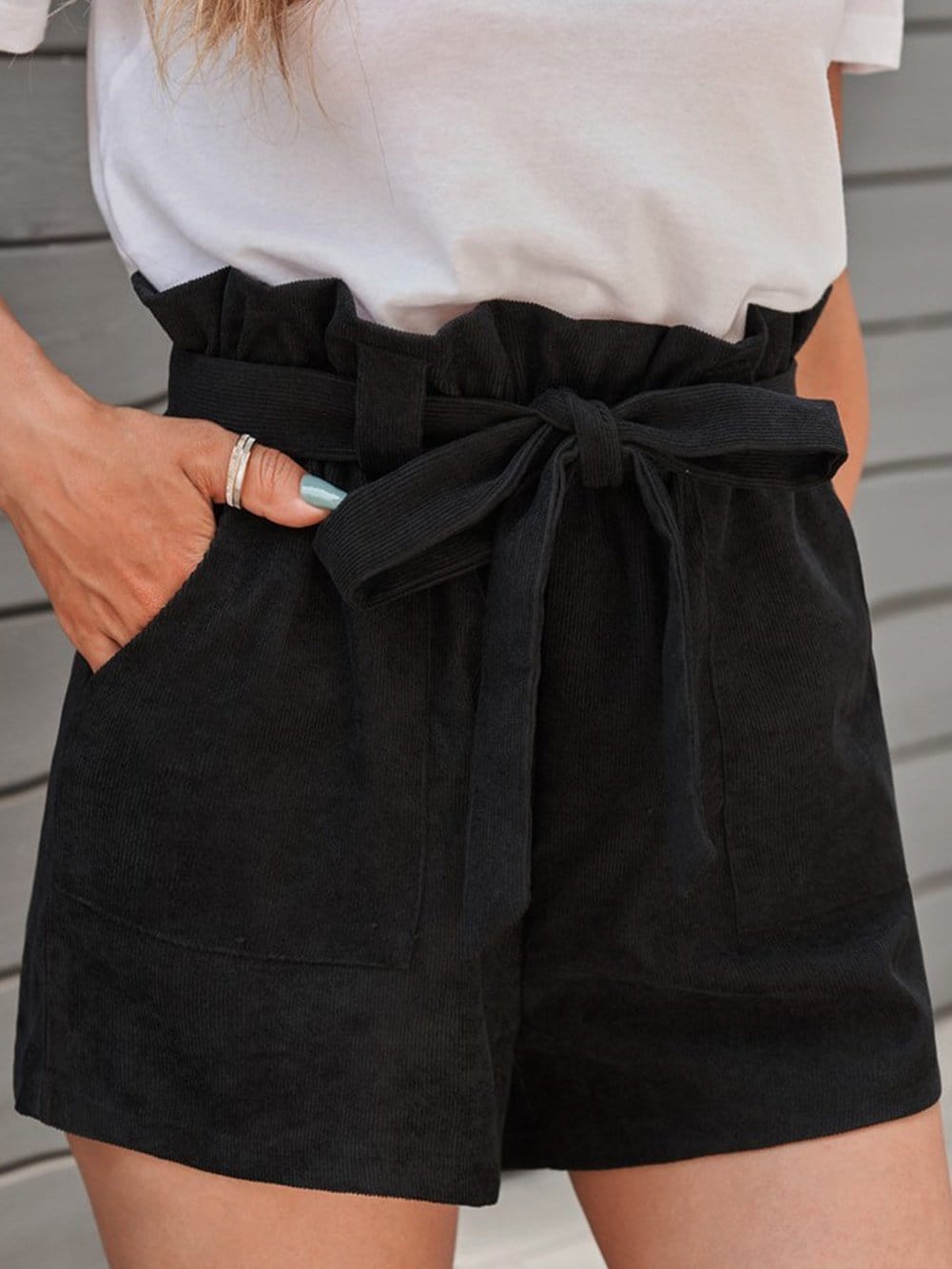 Knit Cotton Shorts with Ruffle Waist and Pockets