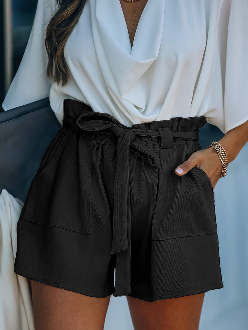 Knit Cotton Shorts with Ruffle Waist and Pockets