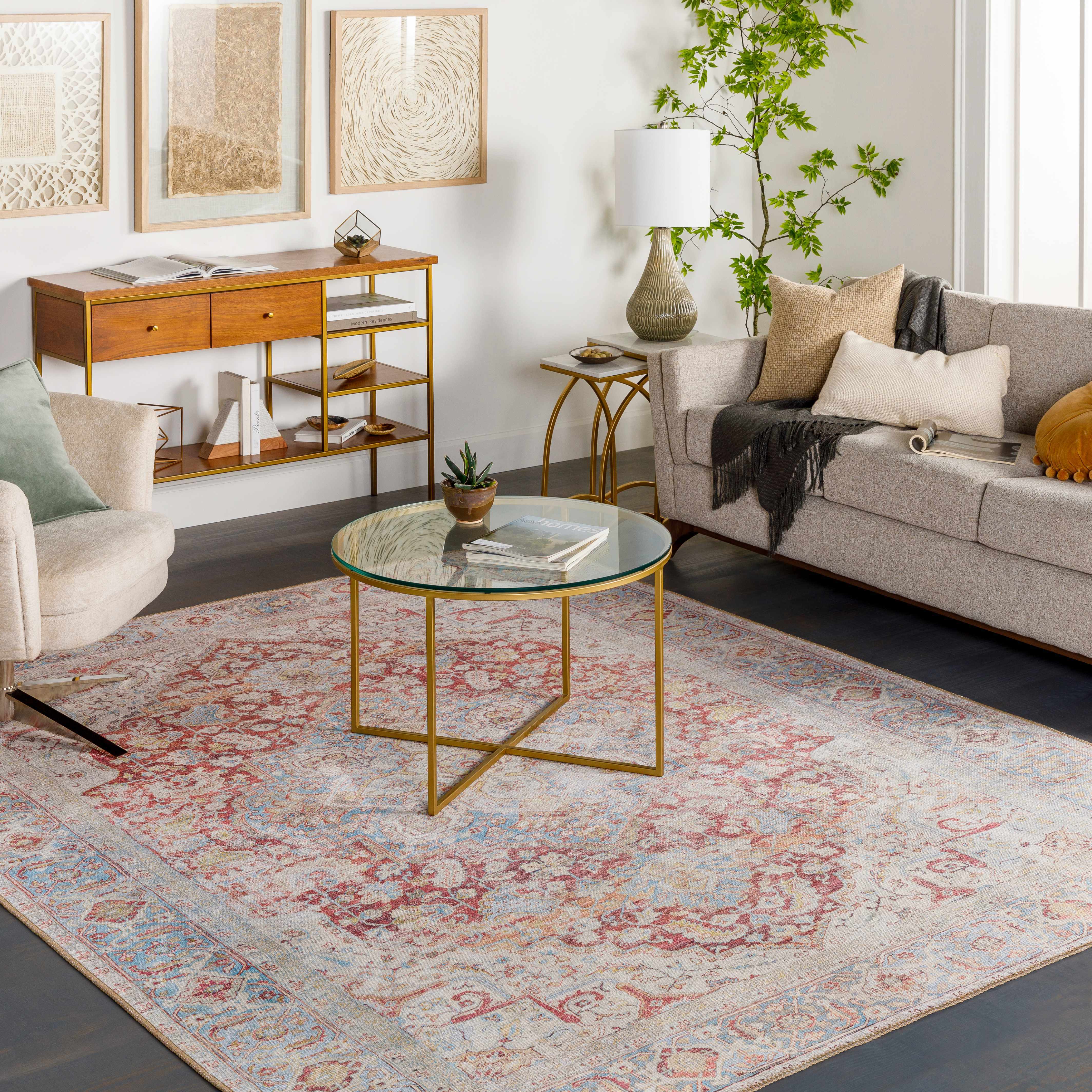 Alfombra lavable vintage Leeston en color crema óxido - Oferta