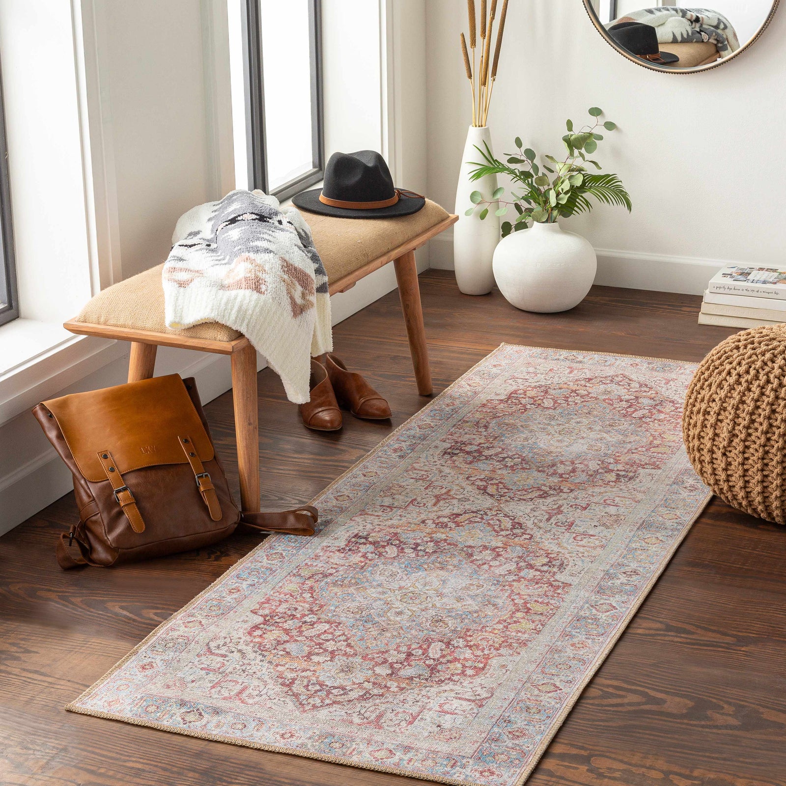 Alfombra lavable vintage Leeston en color crema óxido - Oferta