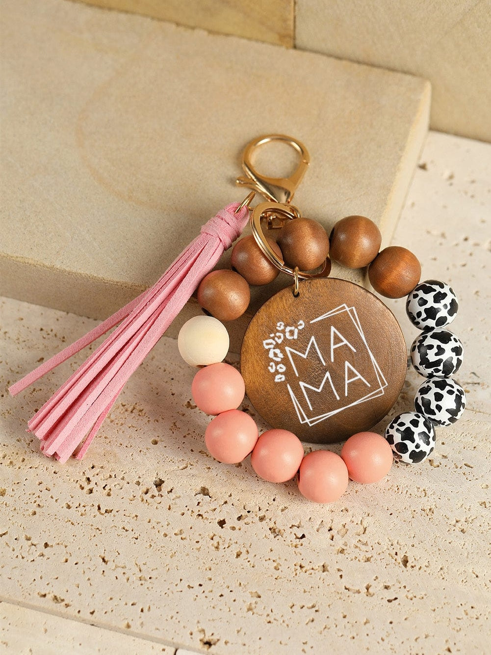 Leopard Fringe Mama Wood Beaded Keychain
