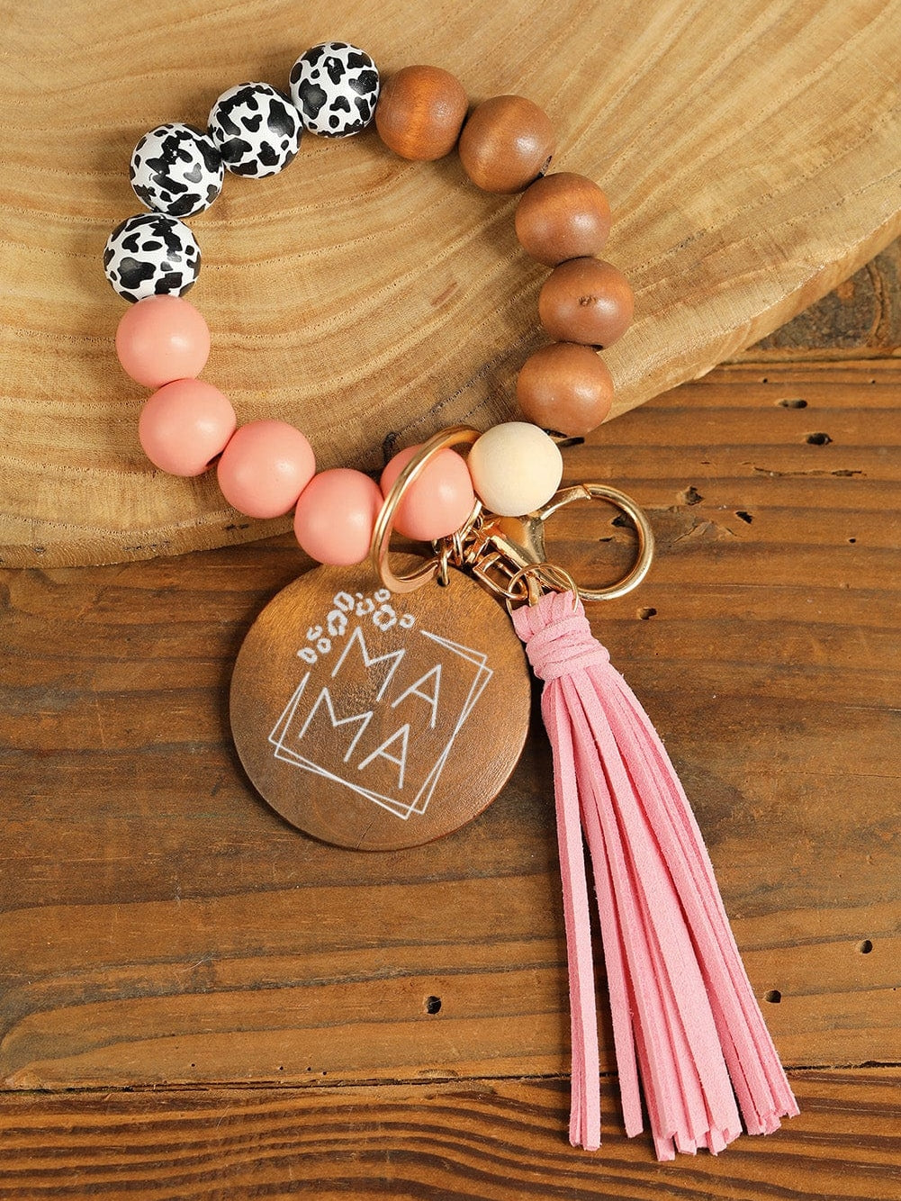Leopard Fringe Mama Wood Beaded Keychain