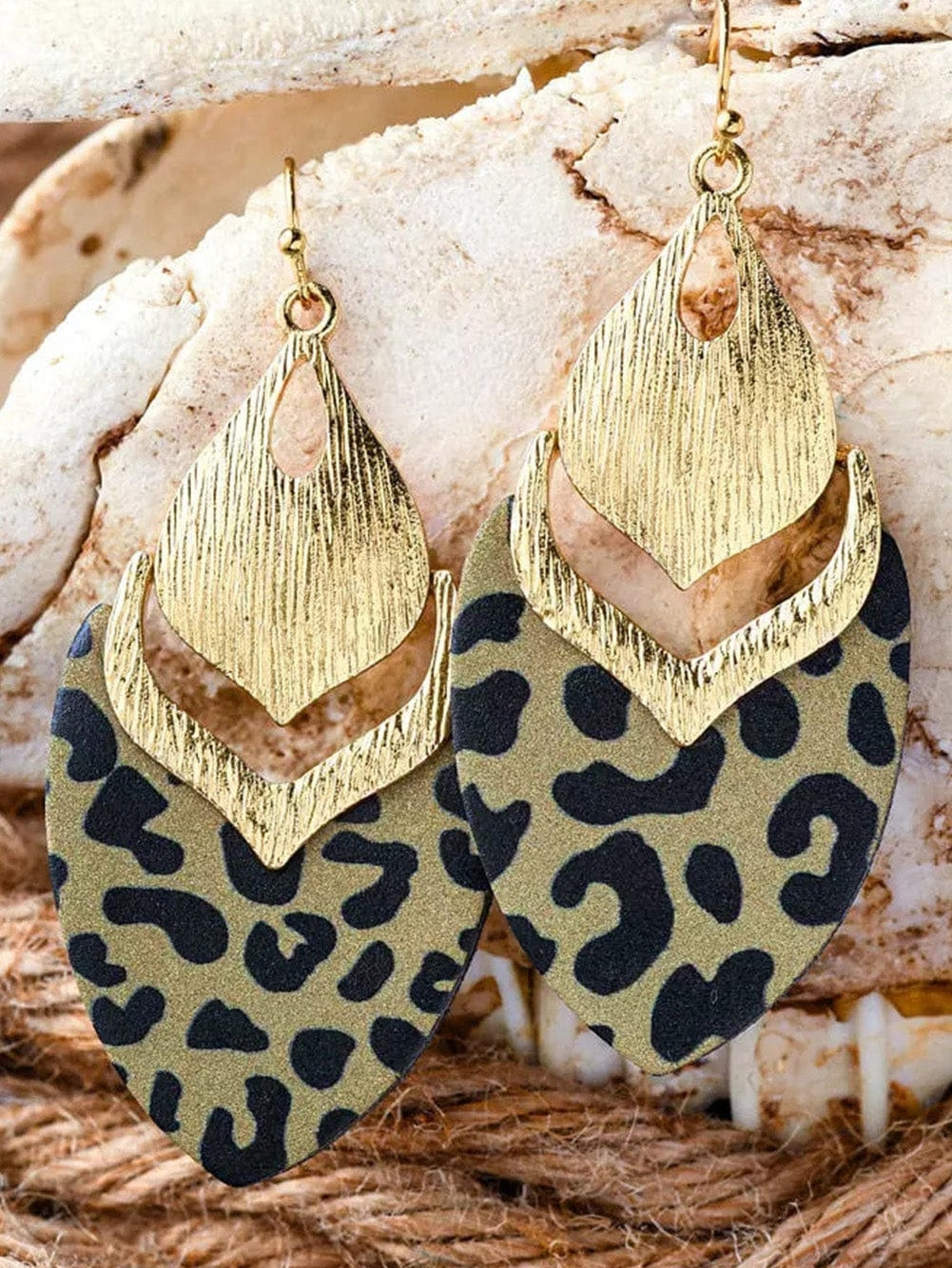 Leopard Print Leaf Shape Drop Earrings with Hollow Out Details