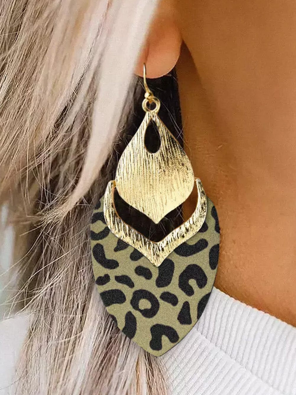 Leopard Print Leaf Shape Drop Earrings with Hollow Out Details