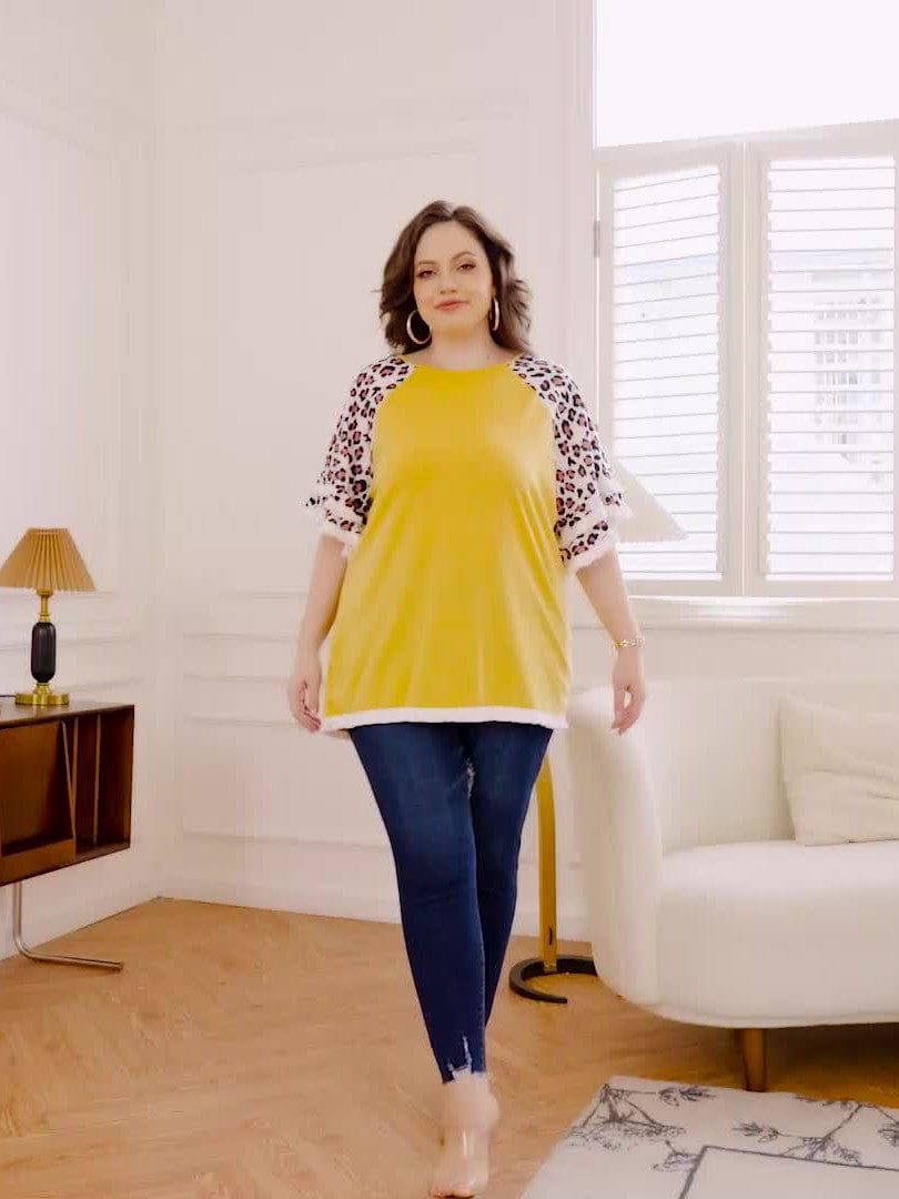Statement Plus Size Top with Leopard Sleeves