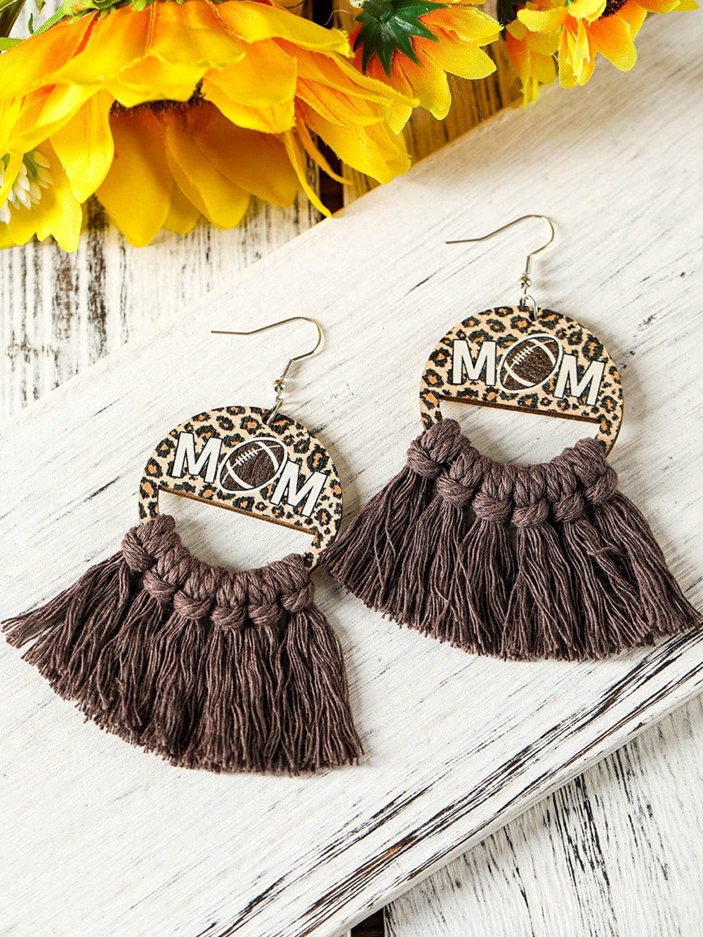 Leopard Print Chestnut Fringed Earrings with MOM Detail