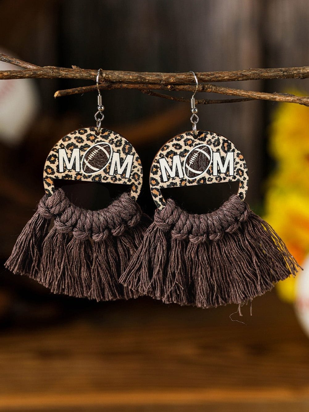 Leopard Print Chestnut Fringed Earrings with MOM Detail