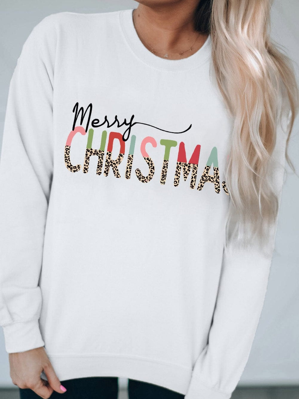Leopard Print "Merry Christmas" White Long Sleeve Sweater