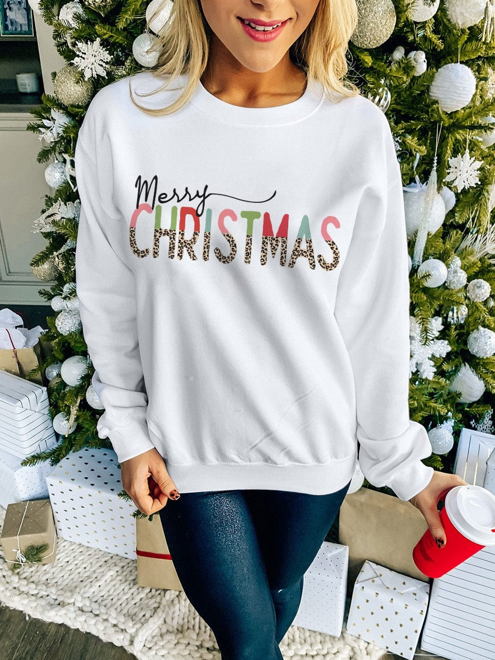 Leopard Print "Merry Christmas" White Long Sleeve Sweater