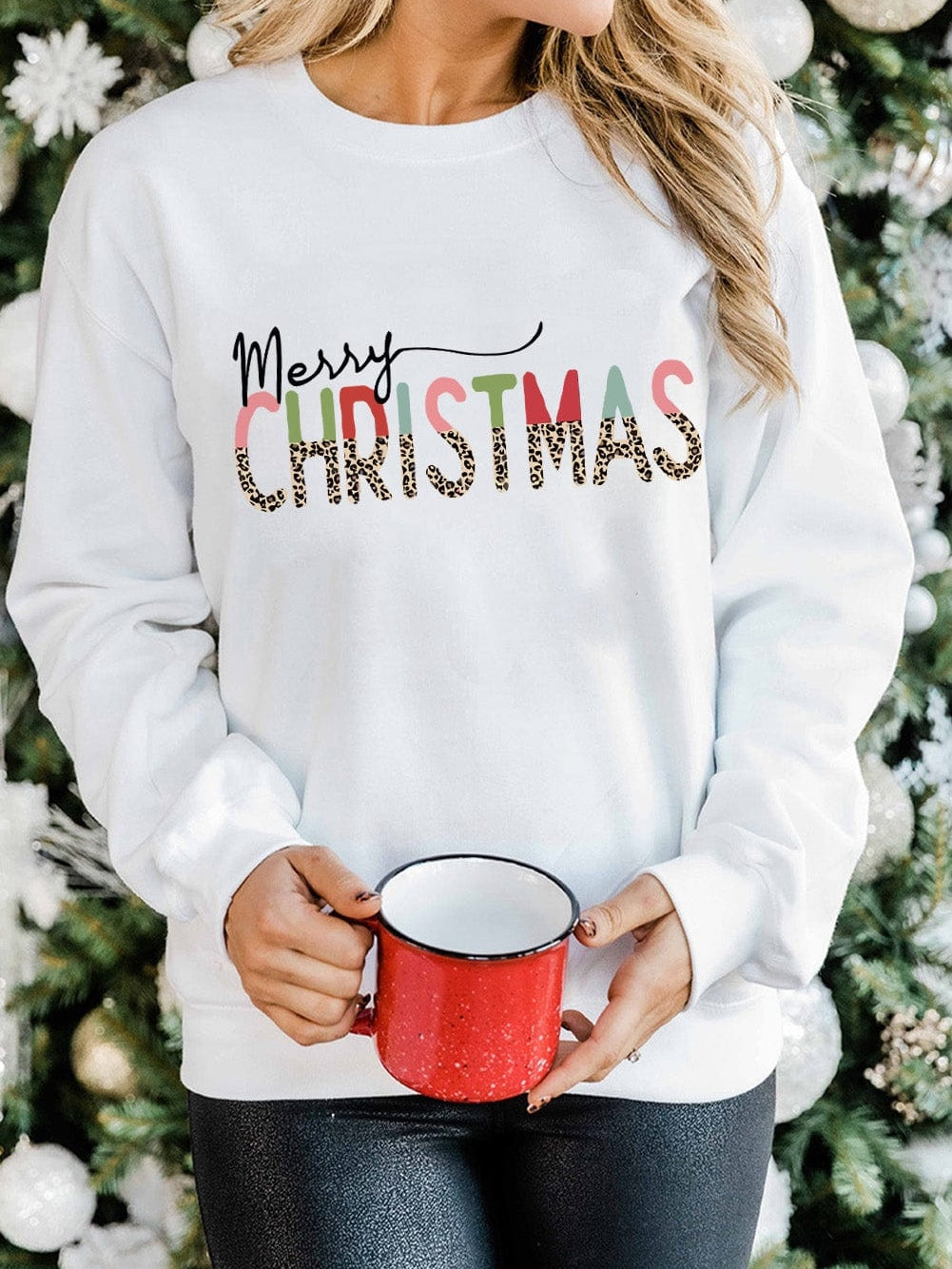 Leopard Print "Merry Christmas" White Long Sleeve Sweater