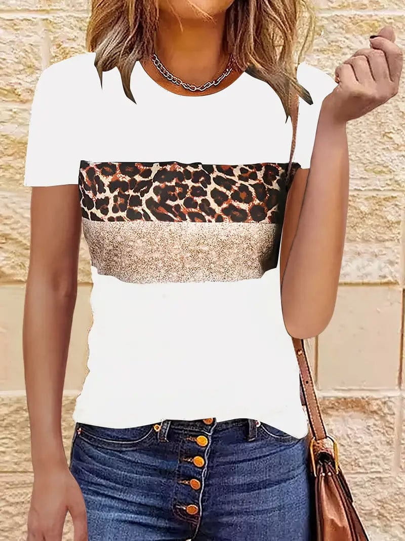 Navy Blue T-Shirt with Leopard and Glitter Accent