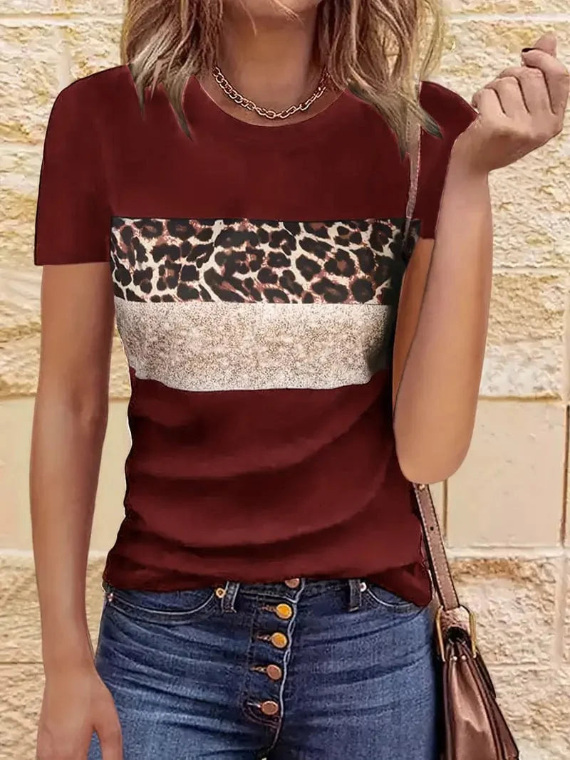 Navy Blue T-Shirt with Leopard and Glitter Accent