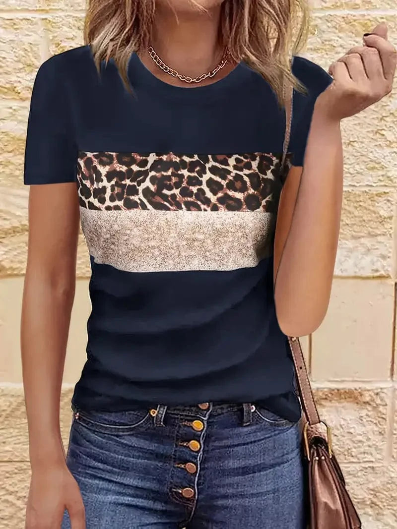 Navy Blue T-Shirt with Leopard and Glitter Accent