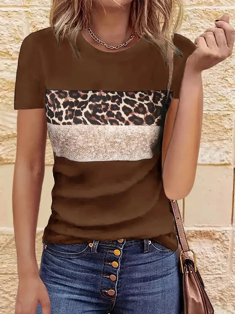 Navy Blue T-Shirt with Leopard and Glitter Accent