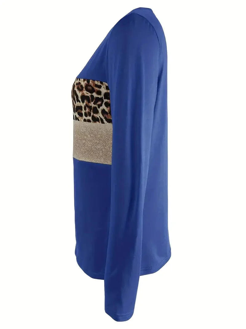 Navy Blue T-Shirt with Leopard and Glitter Accent