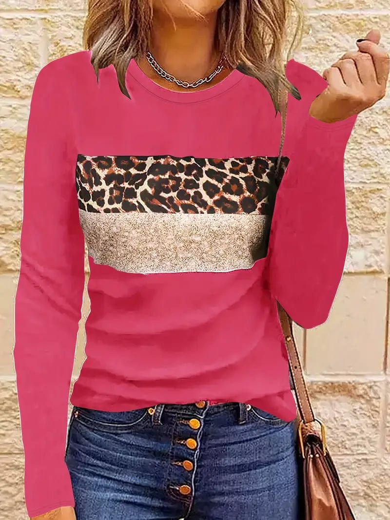 Navy Blue T-Shirt with Leopard and Glitter Accent