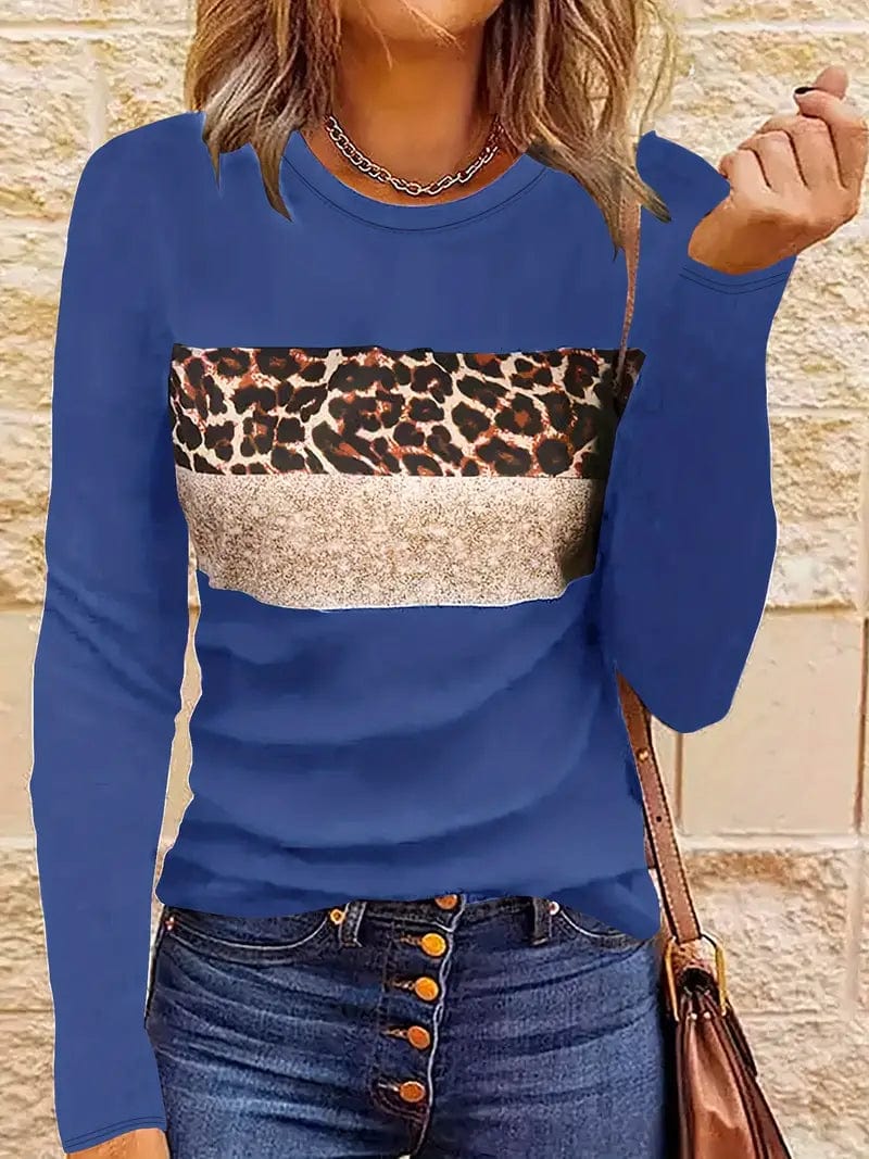 Navy Blue T-Shirt with Leopard and Glitter Accent