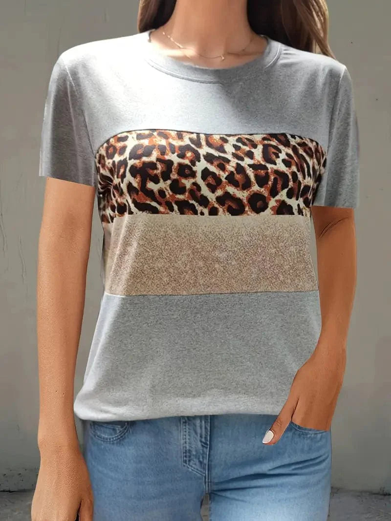 Navy Blue T-Shirt with Leopard and Glitter Accent
