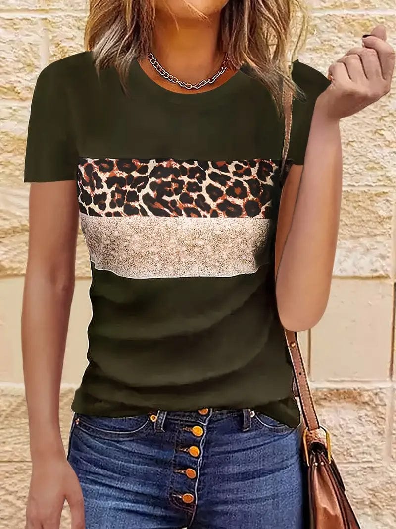 Navy Blue T-Shirt with Leopard and Glitter Accent