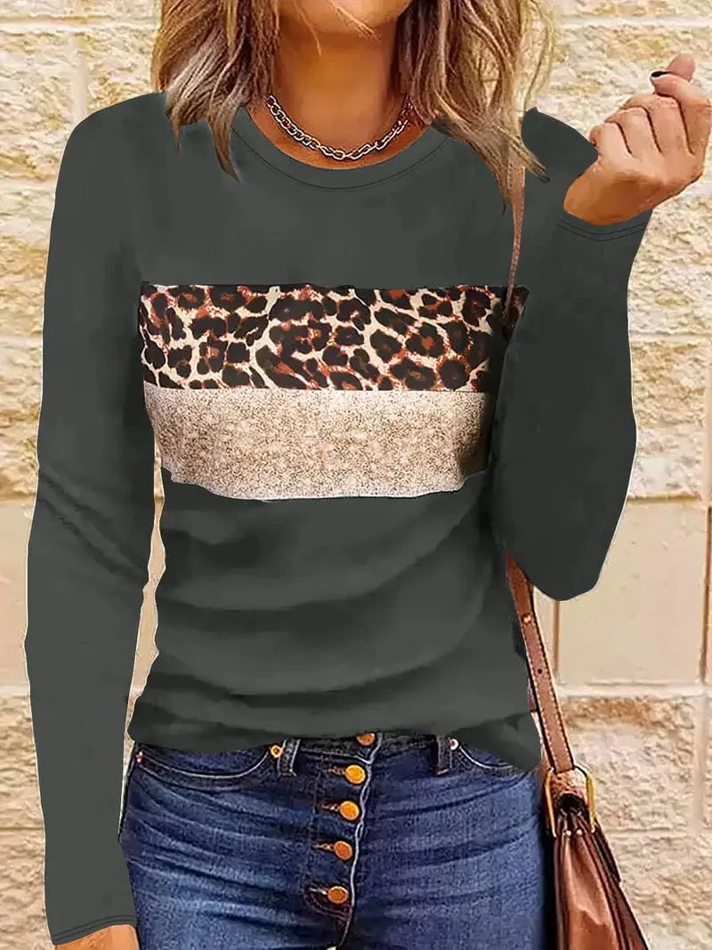 Navy Blue T-Shirt with Leopard and Glitter Accent
