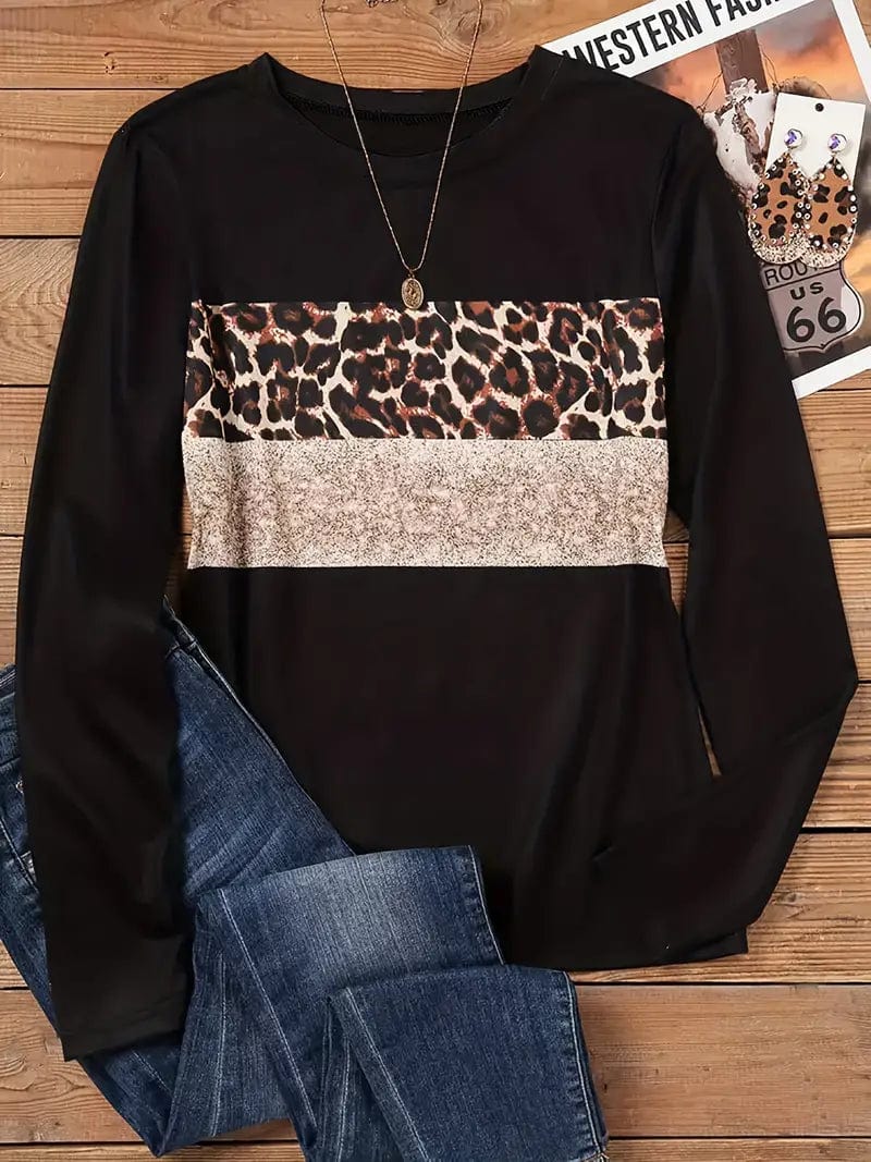 Navy Blue T-Shirt with Leopard and Glitter Accent