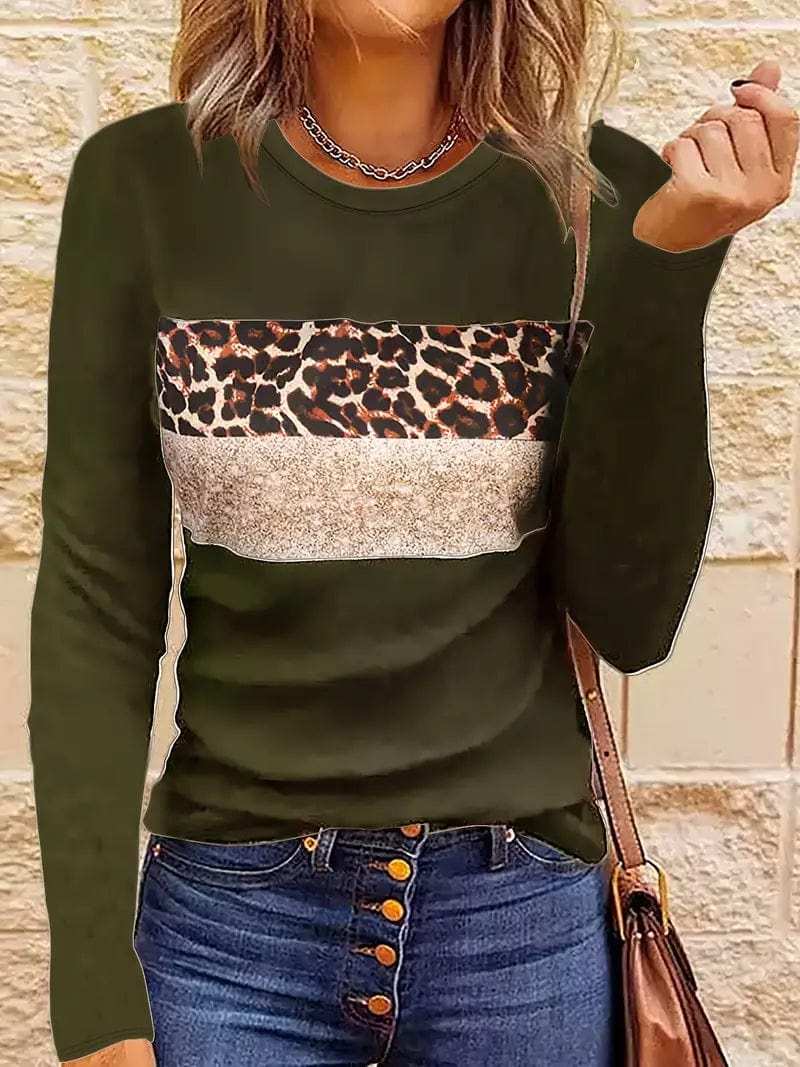 Navy Blue T-Shirt with Leopard and Glitter Accent