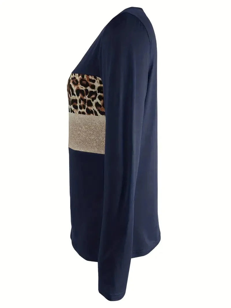 Navy Blue T-Shirt with Leopard and Glitter Accent
