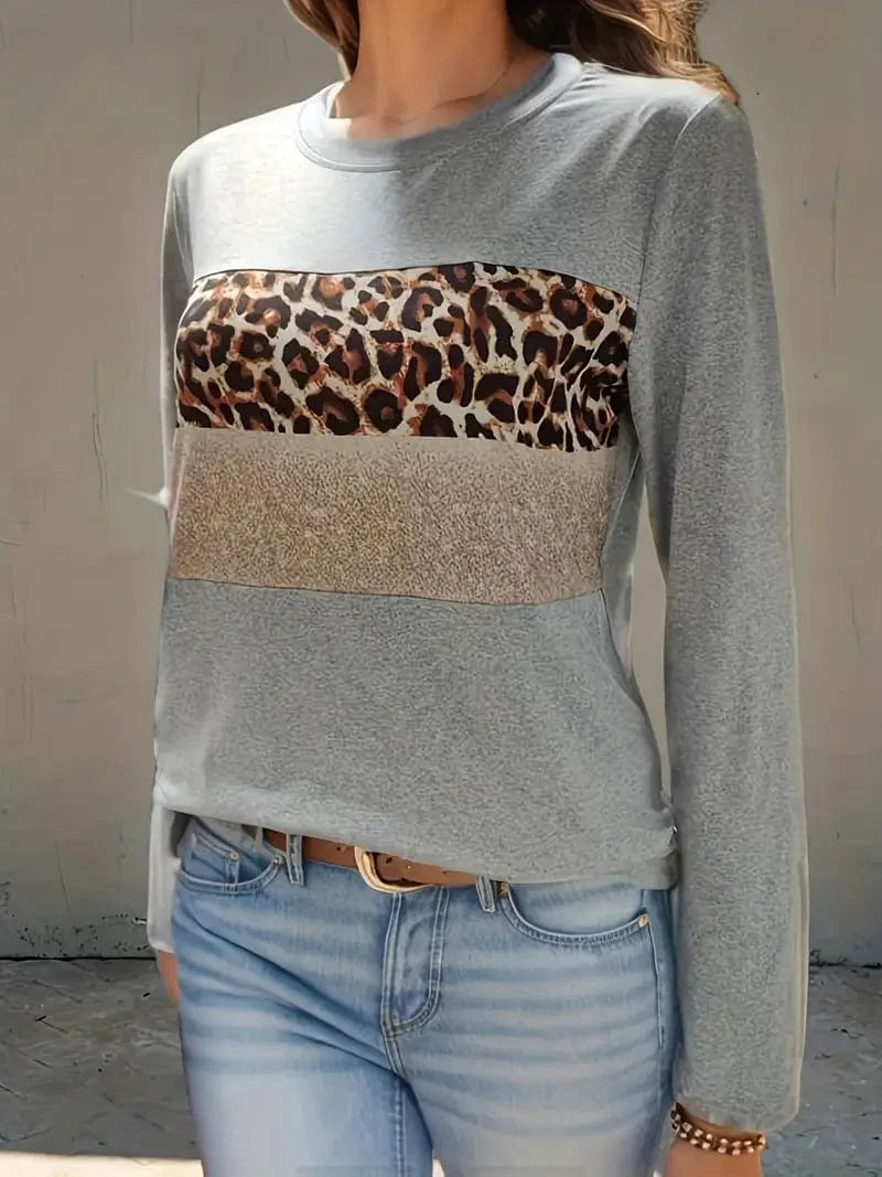 Navy Blue T-Shirt with Leopard and Glitter Accent