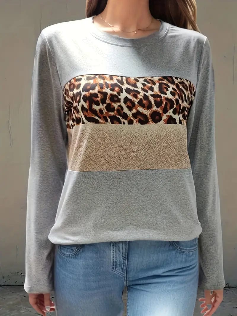 Navy Blue T-Shirt with Leopard and Glitter Accent