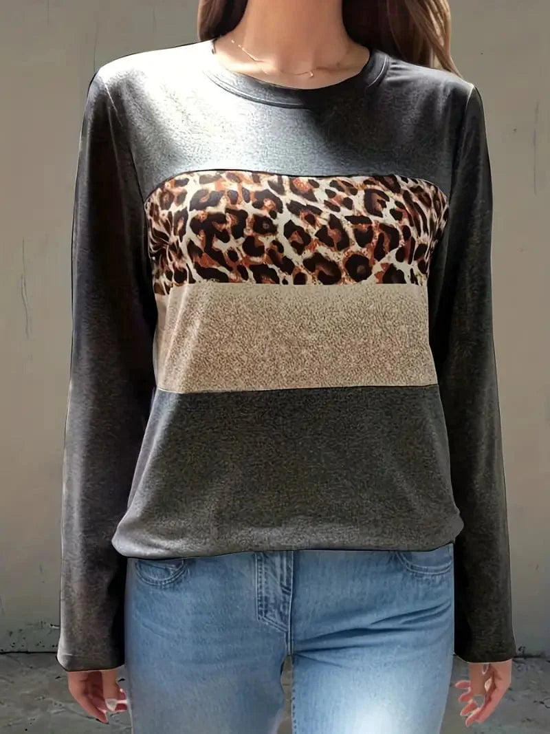 Navy Blue T-Shirt with Leopard and Glitter Accent