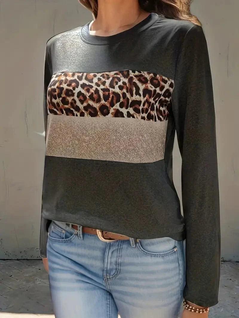 Navy Blue T-Shirt with Leopard and Glitter Accent