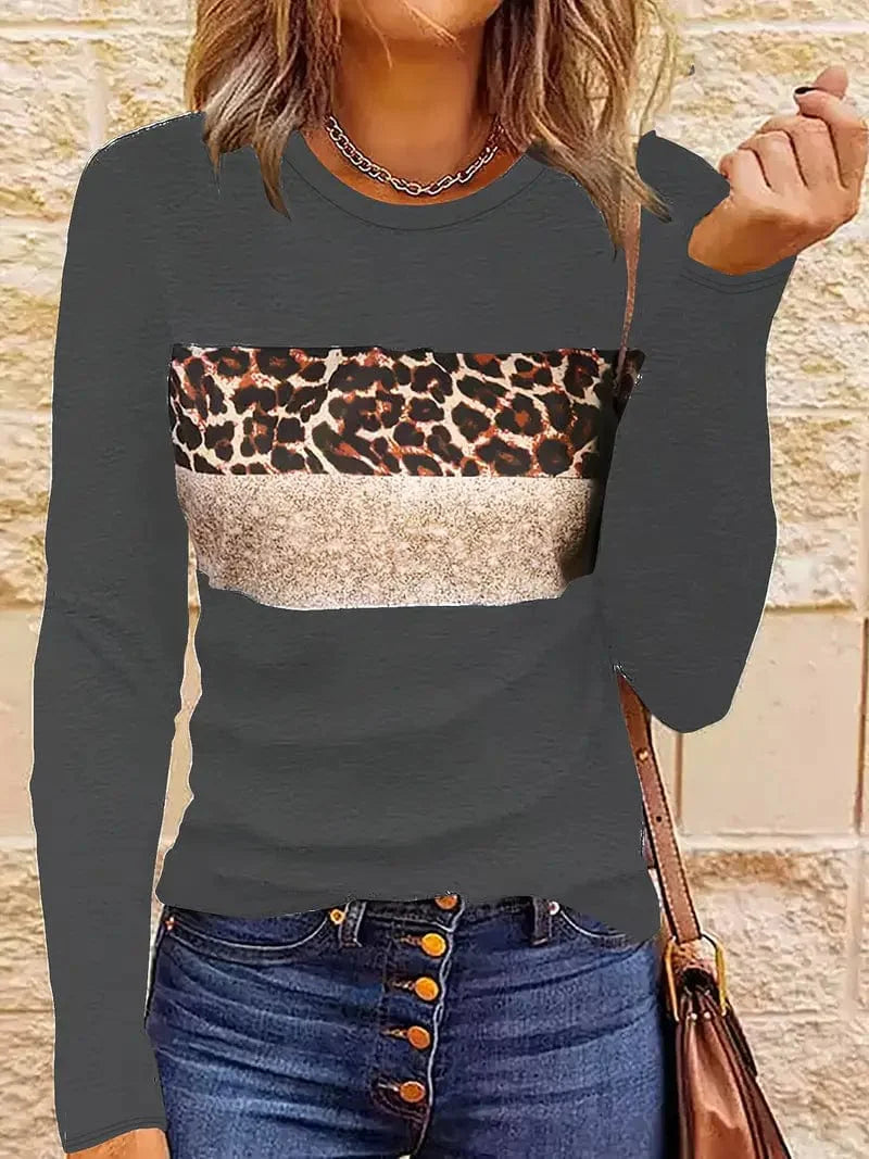 Navy Blue T-Shirt with Leopard and Glitter Accent