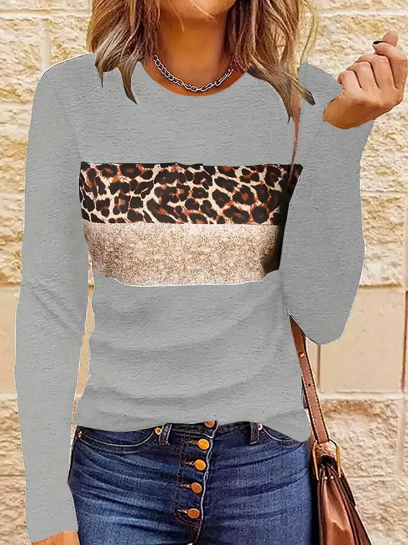 Navy Blue T-Shirt with Leopard and Glitter Accent