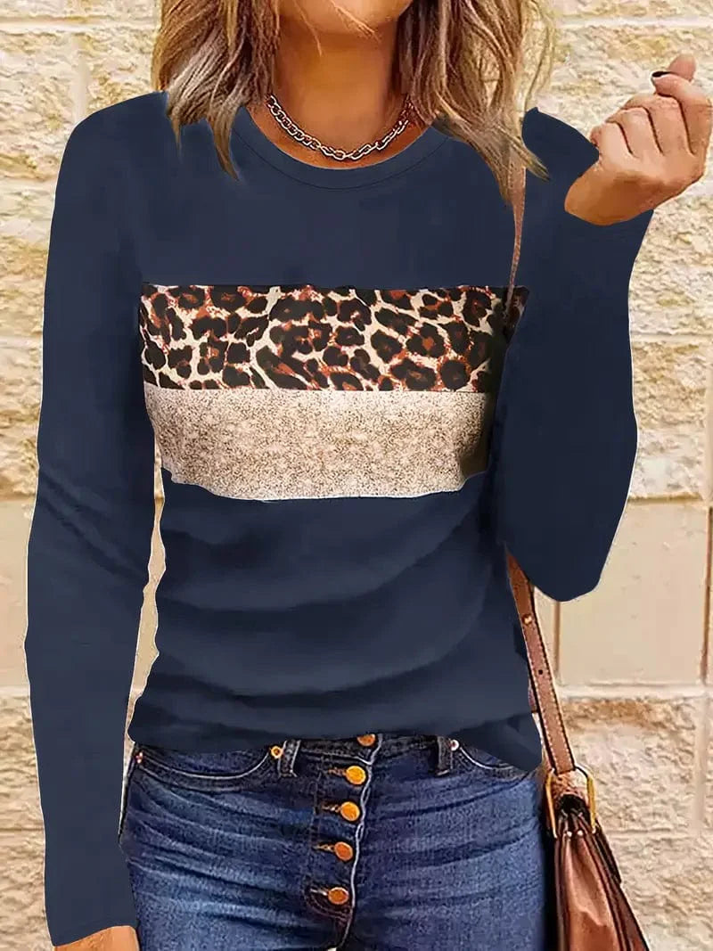 Navy Blue T-Shirt with Leopard and Glitter Accent