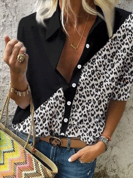 Leopard Print and Solid Color Blouse