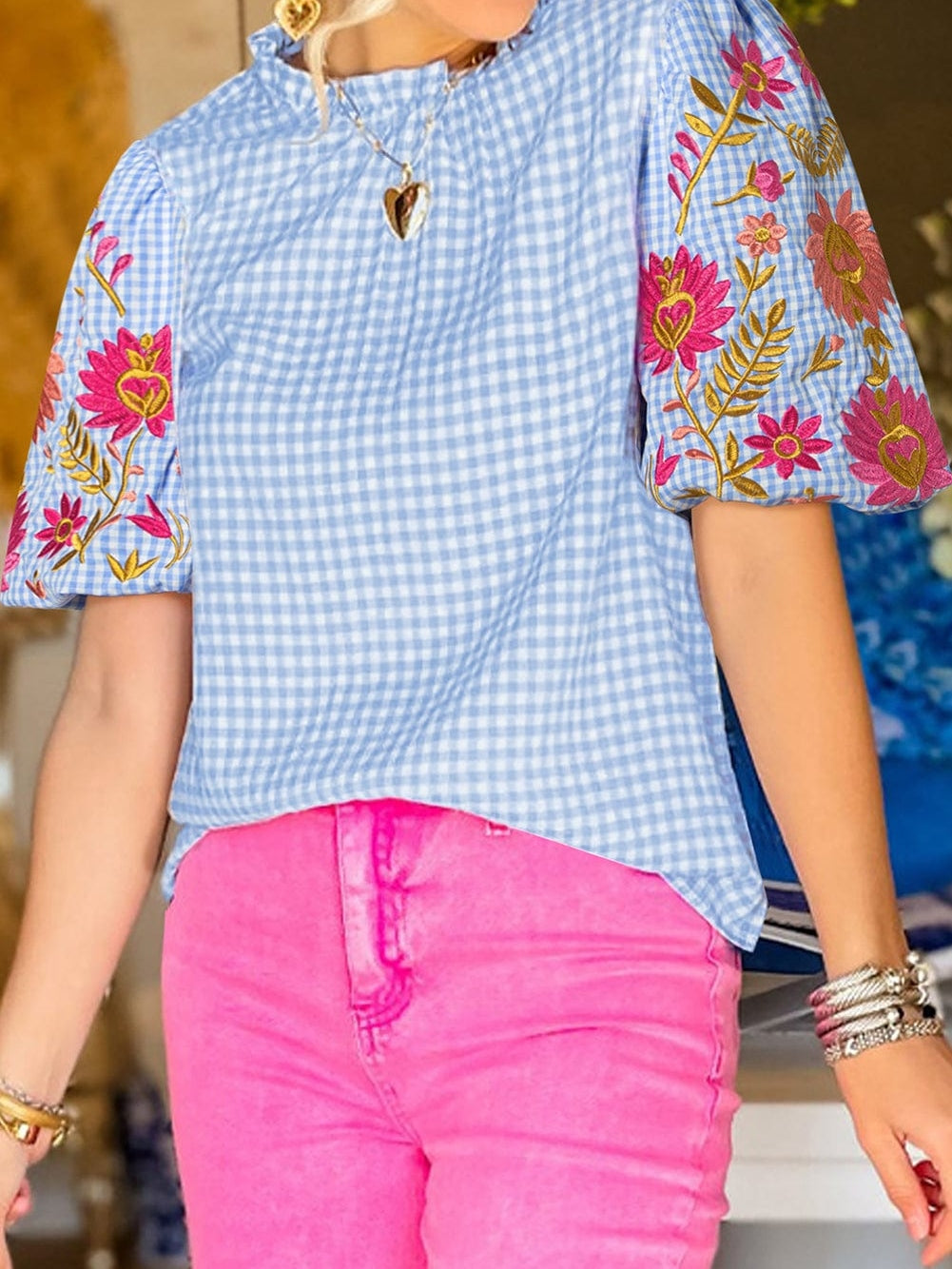 Summer Gingham Blouse with Puff Sleeves