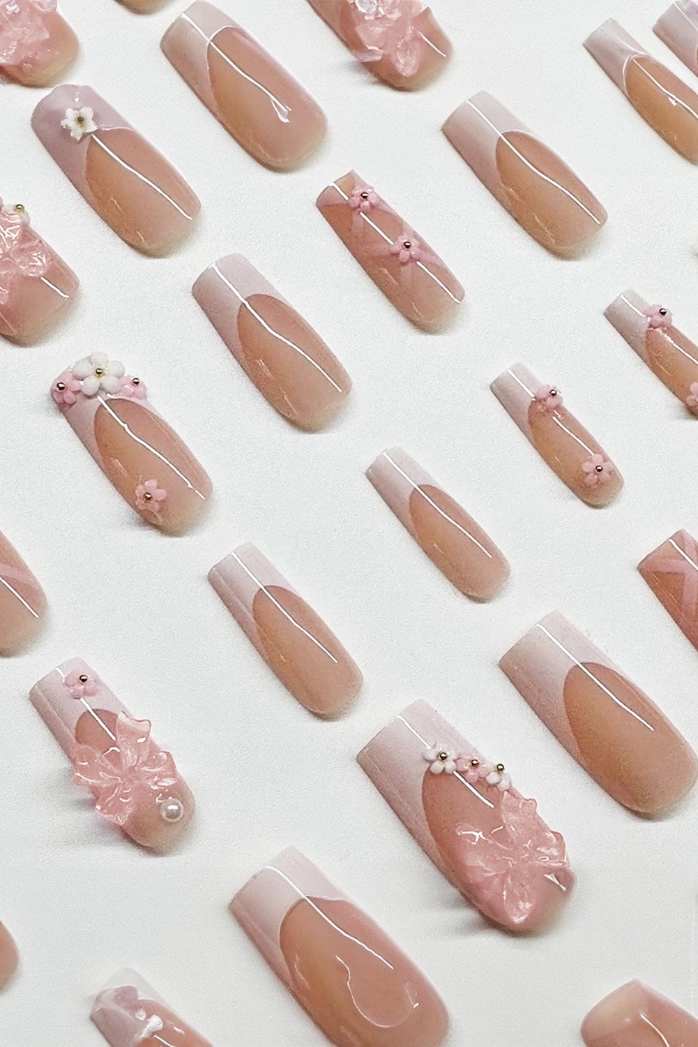 Elegant French Floral Bowknot Nail Sticker Set in Light Pink