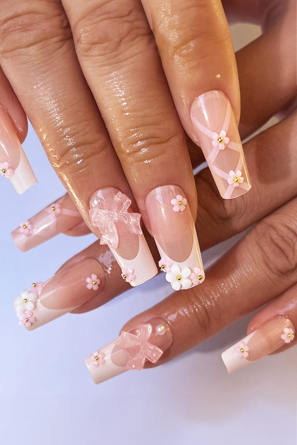 Elegant French Floral Bowknot Nail Sticker Set in Light Pink